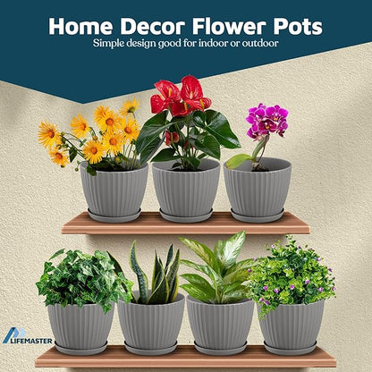 Gray 6-Inch Plant Pots with Drainage & Saucers 6 Pack, Indoor & Outdoor Planters for Houseplants, Herbs, and Flowers, Durable & Weatherproof Material, Stackable, Lightweight, Minimalist Design