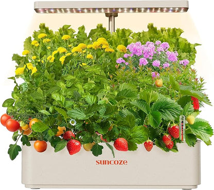 SUNCOZE Hydroponics Growing System Kit 12 Pods, 24W LED Grow Light Indoor Garden, 4L Water Tank with Quiet Pump, Adjustable Height Herb Garden Planter Indoor Kit, Gardening Gifts, Beige