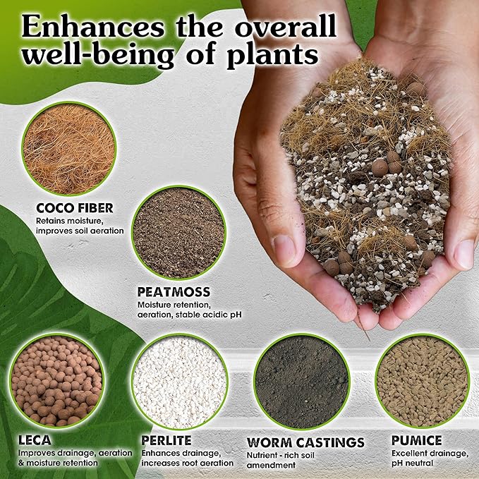 6 in 1 Premium Indoor Plant Potting Soil, Tropical House Plant Potting Mix with Clay Pebbles, Pumice, Coco Fiber, Perlite, Worm Castings, Peat Moss - Ideal for Tropical,Aroid Plants (1 Quart)