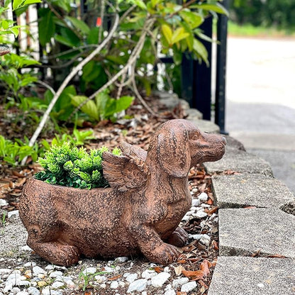 Whimsical Flying Dachshund Planter with Drain Hole – 18 Inch Brown Magnesium Oxide Wiener Dog Animal Planter for Succulents, Flowers, Indoor Outdoor Rustic Decor – Weather-Resistant Dog Garden Pot