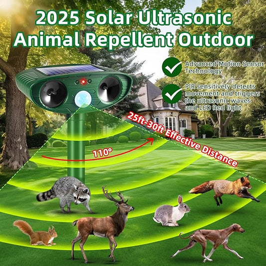 2026 Upgraded Solar Ultrasonic Animal Repellent Outdoor Cat Deer Repellent with Motion Sensor IP65 Waterproof Squirrel Raccoon Fortress Pro Keep Rodent Rabbit Dog Out of Yard Garden Farm,4 Pack