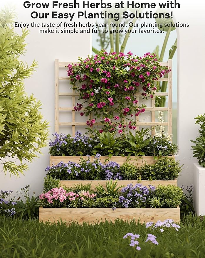 GarveeLife 3-Tier Raised Garden Bed,Wooden Vertical Planters with Trellis & Open-Ended Base for Climbing Plants Vines Flower Herb Vegetable Fruit,Outdoor Planter Boxes for Patio Yard Lawn