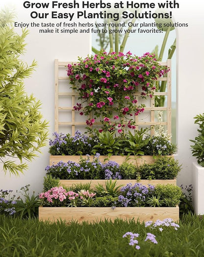GarveeLife 3-Tier Raised Garden Bed,Wooden Vertical Planters with Trellis & Open-Ended Base for Climbing Plants Vines Flower Herb Vegetable Fruit,Outdoor Planter Boxes for Patio Yard Lawn