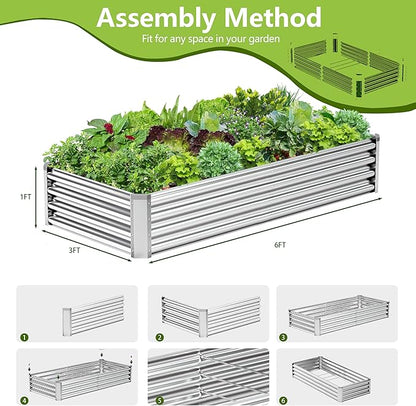 2PCS 6x3x1FT Galvanized Raised Garden Bed Kit, Galvanized Planter Raised Garden Boxes Outdoor, Large Metal Raised Garden Beds for Vegetables-Silver
