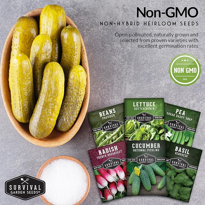Survival Garden Seeds Kids' Easy Garden Collection - Cucumber, Radish, Beans, Peas, Lettuce, Basil Non-GMO Open Pollinated Seeds for Growing on The Homestead or in The Vegetable Garden
