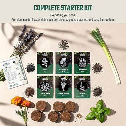 Tactiko Garden Aromatic Herb Seed Kit for Mosquito Season – 6 Individual Seed Packets for Patio & Deck - Lavender, Lemongrass, Marigold, Catnip, Lemon Balm. Basil – Starter Kit with 6 Coir Soil Discs