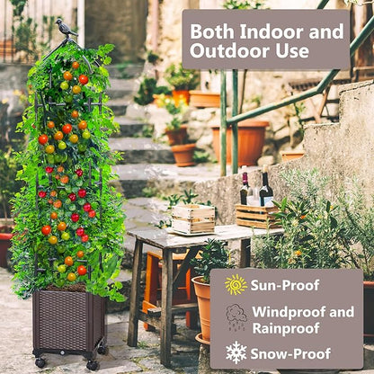 Sunnyglade 2 PCS Raised Garden Bed Planter Box with Trellis, 63" Tall Outdoor Tomato Planters for Climbing Vegetables Flowers Vine Plants, Tomato Cage with Wheels (2)