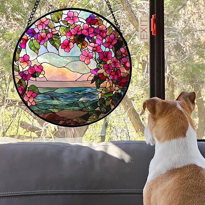 Stained Glass Window Hanging, Purple Flower Landscape Wreath Sun Catcher for Door Home Decor Plants Suncatcher Christmas Mother's Day Birthday Gifts for Women Men Mom Nana 11.8 in