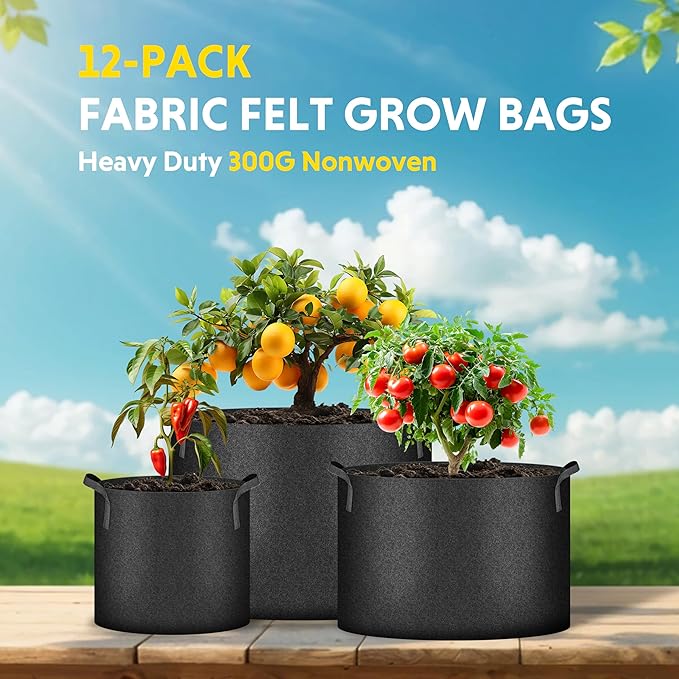 iPower 12-Pack 3 Gallon Grow Bags Heavy Duty Thickened Aeration Nonwoven Fabric Pots with Nylon Handles and 12 Labels for Planting Vegetables, Fruits, Flowers, Black