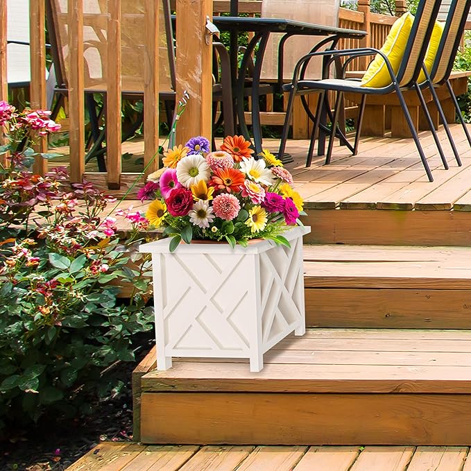 Lattice Design Outdoor Planter Box - 15.5” Square White Plant Pot - Decorative Plant Pots for Front Porch Decor - Flower Pots Outdoor Planters for Porch Patio or Garden Decor by Pure Garden