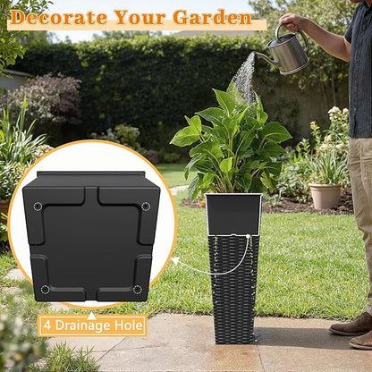 Greesum 24 Inch Tall Plastic Planters with Rattan Texture – Set of 2, Detachable Inner Pot & Drainage Holes, Indoor/Outdoor Decorative Flower Pots for Large Plants, Trees, Patio, and Garden, Black