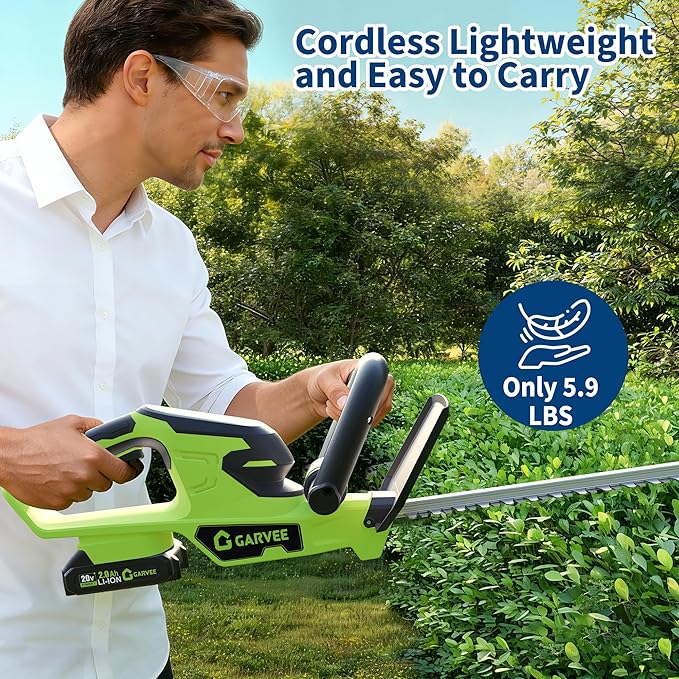 Hedge Trimmer Cordless with Battery, Electric Hedge Trimmer, 22 Inch Handheld Bush Trimmers, with 2 20V 2.0Ah Batteries and Charger, Brushless Motor, Dual Safety Switch, for Gardening, Lawns