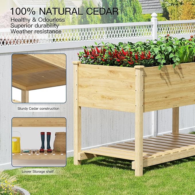 Kullavik Raised Garden Bed with Legs,Outdoor Elevated Cedar Wood Planter Box with Storage Shelf,220lb Capacity-Natural