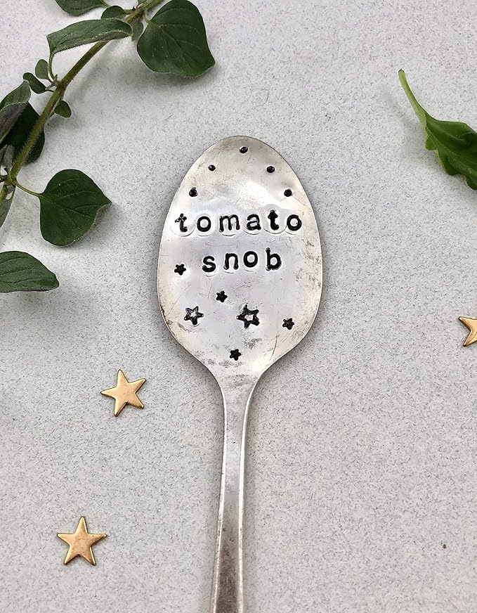 Tomato SNOB Garden Marker Stake Hand Stamped with Stars and Dots Recycled Spoon