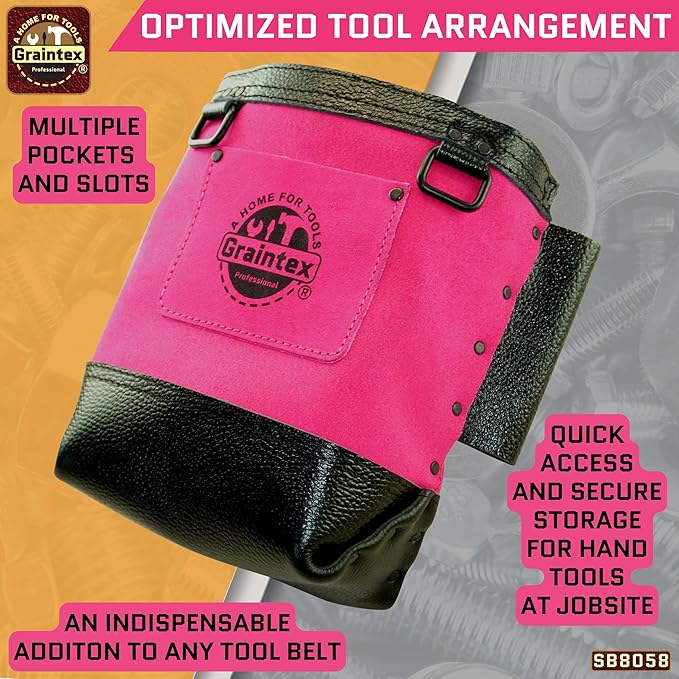 Graintex Nut & Bolt Bag, Pink Color Premium Quality Suede Leather Tool Bag, Tool Belt for Ironworker Tools, Bull Pin Loops, Ideal for Heavy-Duty Use, Bolt Bags for Construction Professionals - SB8058