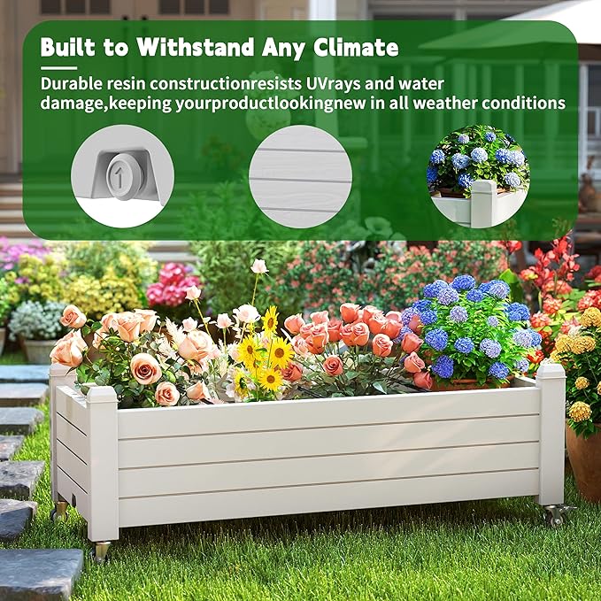 EasyUp Horticulture Garden Planter Box, Divisible Resin Planter Box for Backyard, Patio, Balcony, with 4 Legs and 4 Swivel Lockable Wheels(Ashen,43.31 * 17.72 * 17.56)