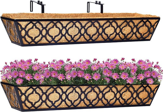 2pcs 30 Inch Window Deck with Coco Liner, 30" Window Boxes Horse Trough with Coconut Coir Liner, Metal Hanging Flower Planter Window Basket Deck Railing Planter Boxes for Outdoor Indoor Lawn
