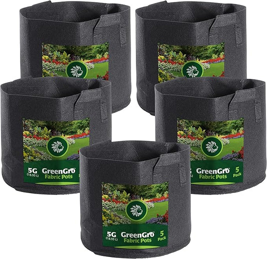 GreenGro 5-Pack 5 Gallon Nonwoven Fabric Grow Bags - Fabric Planting Pots/Great for Vegetables, Herbs, Flowers, Shrubs/Portable for Indoor & Outdoor Plants/Improved Aeration & Drainage