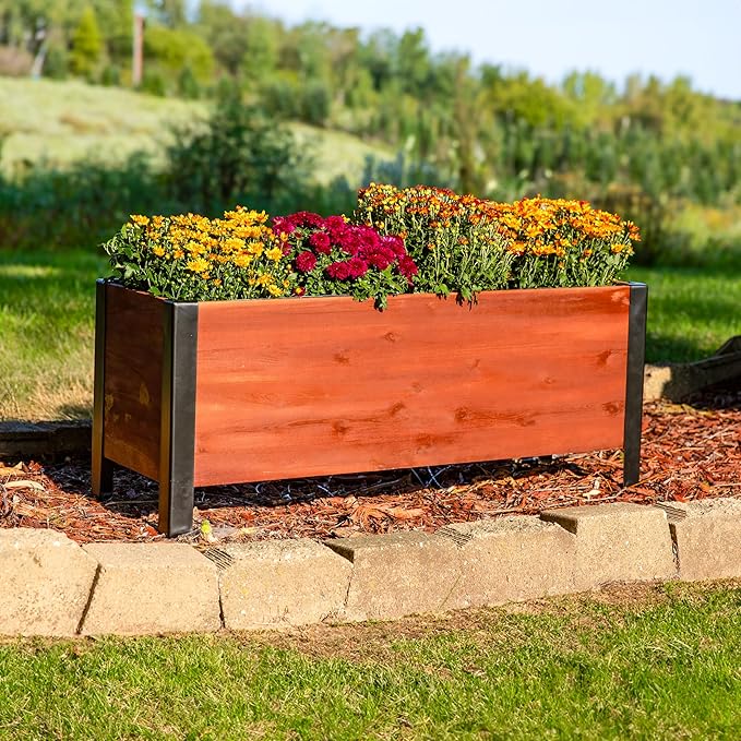 Sunnydaze Acacia Wood Rectangular Planter Box - 14.75" H Wooden Raised Garden Bed with Removable Polyethylene Planter Bag - Brown