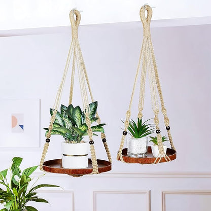 2 Pack Macrame Plant Hanger | Plant Hanger Indoor, Hanging Planter Shelf | Hanging Planter (Jute) (1 Large + 1 Medium)