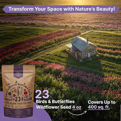 Organo Republic 23 Wildflower Seeds Annual & Perennial Mix for Indoor & Outdoors, Attract Birds & Butterflies 100,000+ Non-GMO, Heirloom Garden Seeds, 4oz Packet for Growing Wild Flowers (Pack of 2)