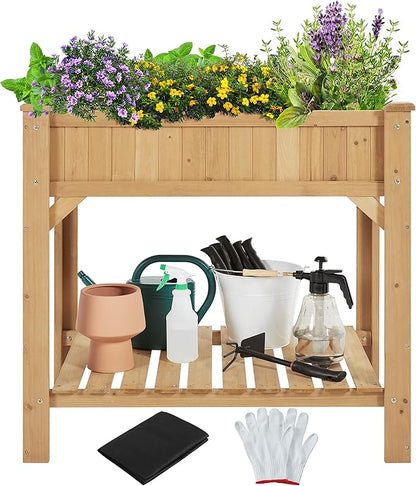 Topeakmart Wood Elevated Herb Garden Planters Vegetable Growing Bed Flower Plant Boxes for Small Spaces with Grow Grid, Fabric Liner, Protective Gloves & Legs