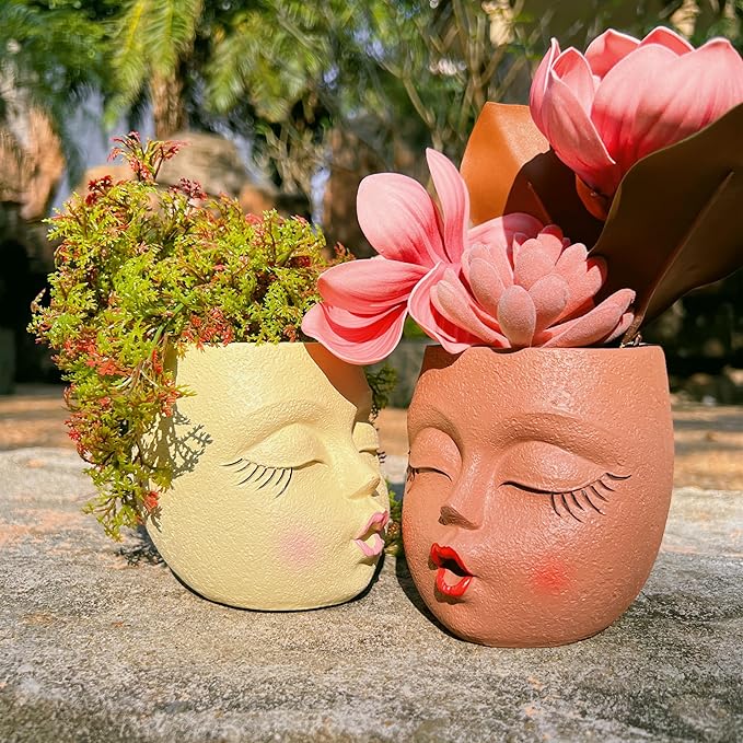 Cute Face Planter Pot Handmade Head Planter for Succulent Resin Flower Pots Kiss Face Plant Pots for Indoor and Outdoor Plants Brown 1Pack