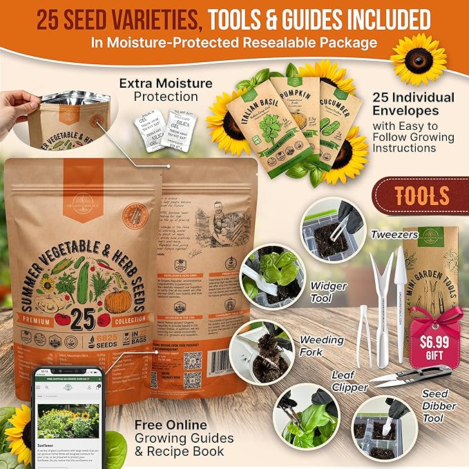 Organo Republic 25 Summer Vegetable & Herb Garden Seeds Variety Pack - 6,820+ Non-GMO Heirloom Veggie & Herb Seeds for Outdoors & Indoor Home Gardening: Tomato, Okra, Bean, Cucumber, Basil, Rosemary