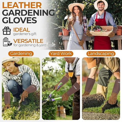 HANDLANDY Long Gardening Gloves for Men & Women, Cowhide Leather Rose Pruning Gloves- Breathable & Durable Gauntlet Glove (X-Large, Brown)