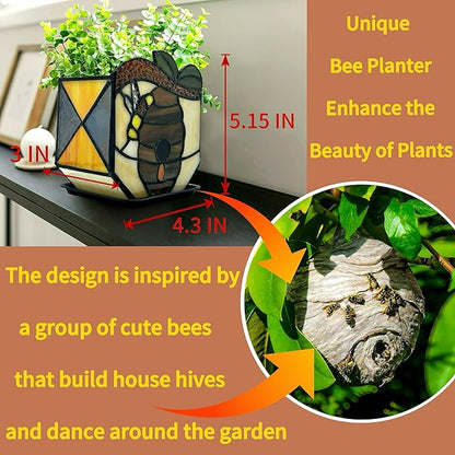Stained Glass Bees Flower Pot, Fun Honeycomb Planter for Indoor Plants,Indoor Planters with Drainage and Tray,Cute Bee Plant Pots,Gifts for Plant Lovers