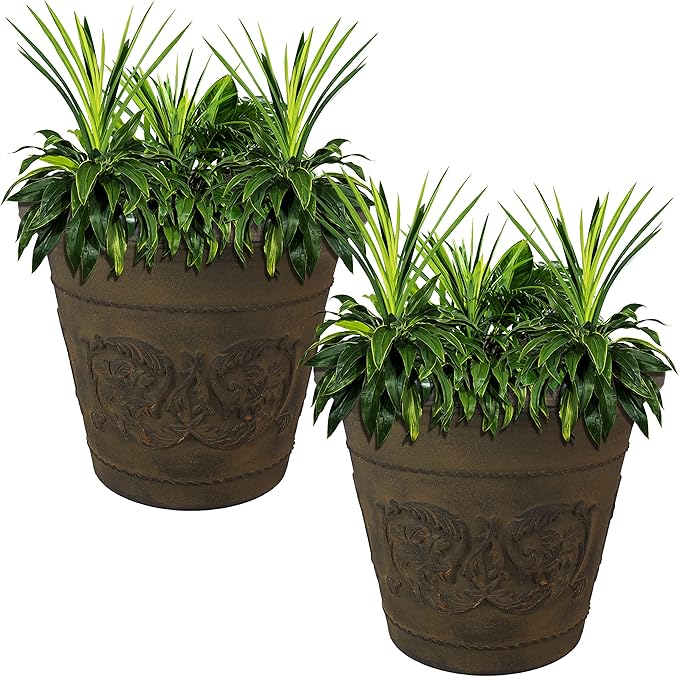 Sunnydaze 19.5-Inch Arabella Large Plastic Pot for Plants - Outdoor Double-Walled Polyresin Large Plastic Planter with Drillable Drainage Holes - Sable - 2-Pack