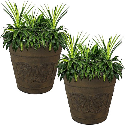 Sunnydaze 19.5-Inch Arabella Large Plastic Pot for Plants - Outdoor Double-Walled Polyresin Large Plastic Planter with Drillable Drainage Holes - Sable - 2-Pack