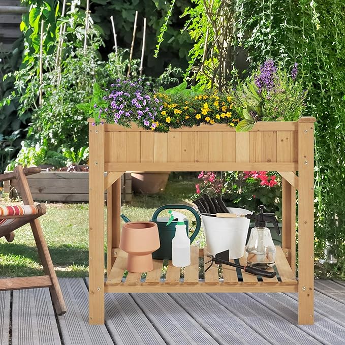 Topeakmart Wood Elevated Herb Garden Planters Vegetable Outdoor Growing Bed Flower Plant Boxes for Small Spaces with Grow Grid, Fabric Liner, Protective Gloves & Legs, 2pcs