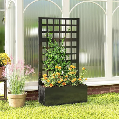 Outsunny Galvanized Raised Garden Bed with Trellis, Metal Planter Box with Drainage Holes, Outdoor Privacy Screen for Climbing Plants, Vegetable, Vines, 24" x 9" x 44.5", Black