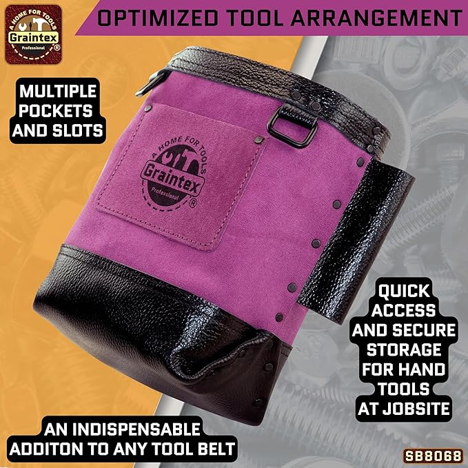 Graintex Nut & Bolt Bag, Purple Color Premium Quality Suede Leather Tool Bag, Tool Belt for Ironworker, Bull Pin Loops, Ideal for Heavy-Duty Use, Bolt Bags for Construction Professionals - SB8068