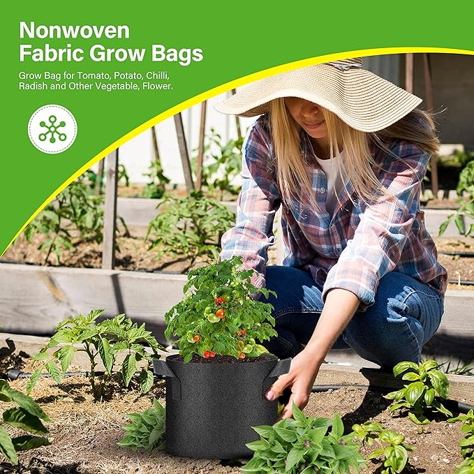 HealSmart 6-Pack 5 Gallon Grow Bags, Nonwoven Aeration Fabric Pots with Handles, Cloth Plant Pots, Suitable for Garden Fruits, Vegetables, Tomato and Flowers, Black