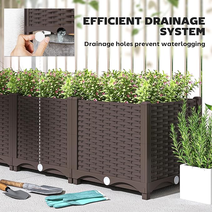 Outsunny 4 x 1 x 1 ft Raised Garden Bed, Indoor Outdoor Plastic Planter Box with Drainage Holes, Drain Plugs and Water Reservoirs for Vegetables, Herbs, Flowers & Succulents, Brown