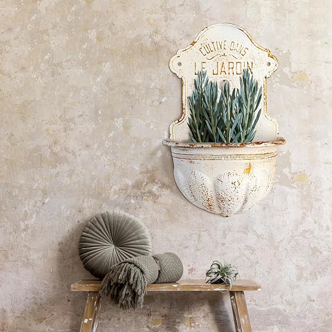 Creative Co-Op Metal Wall-Mounted Planter with Distressed Finish, White