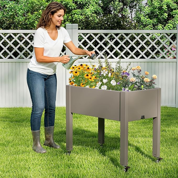 Raised Garden Bed with Wheels - Outdoor Mobile Elevated Resin Planter Box with Drainage Holes for Vegetables Flower Herbs (1 Pack, Gray)