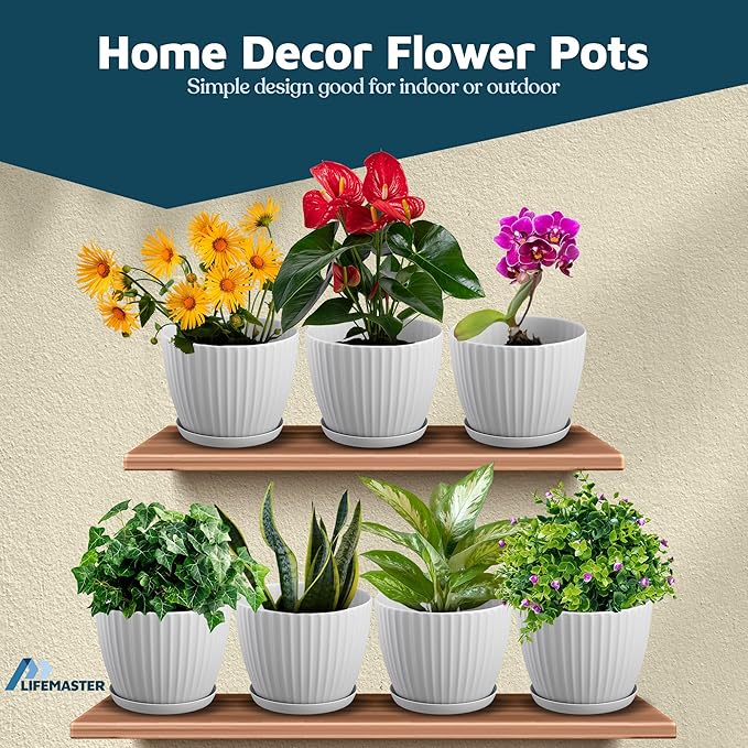 White 6-Inch Plant Pots with Drainage & Saucers 3 Pack, Indoor & Outdoor Planters for Houseplants, Herbs, and Flowers, Durable & Weatherproof Material, Stackable, Lightweight, Minimalist Design