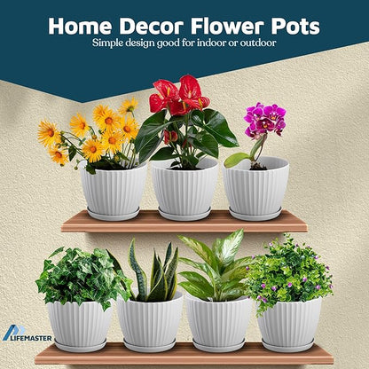White 6-Inch Plant Pots with Drainage & Saucers 12 Pack, Indoor & Outdoor Planters for Houseplants, Herbs, and Flowers, Durable & Weatherproof Material, Stackable, Lightweight, Minimalist Design