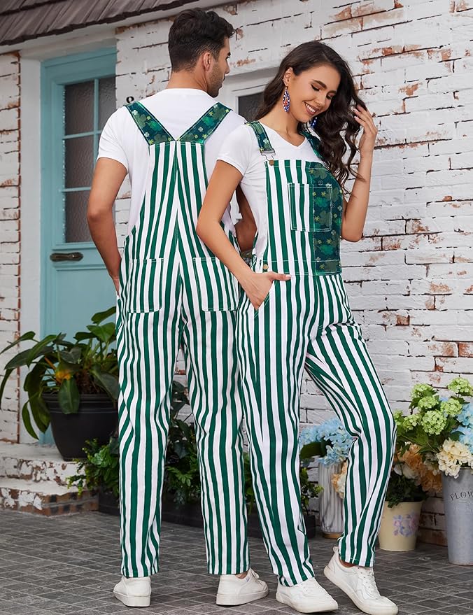 Bib Overalls for Men Adjustable Straps Jumpsuit Striped Women Coveralls with Pockets