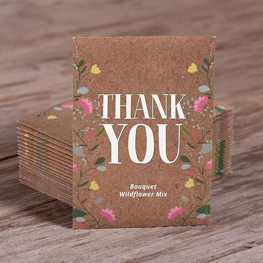 Bentley Seed Co. Thank You Natural Brown - Bouquet Wildflower Seed Packets - 25 Seed Packs - Perfect Eco-Friendly Gift for Gardeners & Friends - Non GMO Seeds