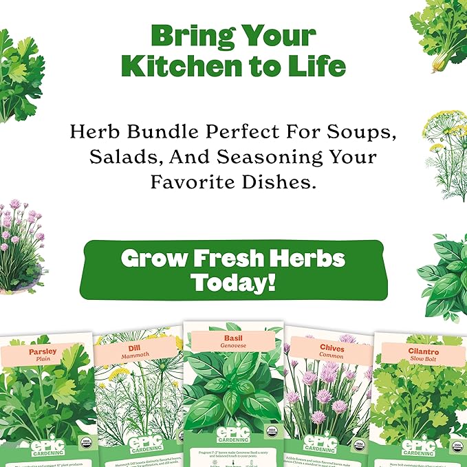 Epic Gardening Organic Herb Garden Seed Bundle - 5 Non-GMO Varieties for Cooking & Seasoning, Includes Basil, Cilantro, Dill, Chives & Parsley, Easy-to-Grow Seeds for Indoors or Outdoors