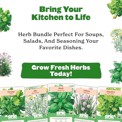 Epic Gardening Organic Herb Garden Seed Bundle - 5 Non-GMO Varieties for Cooking & Seasoning, Includes Basil, Cilantro, Dill, Chives & Parsley, Easy-to-Grow Seeds for Indoors or Outdoors