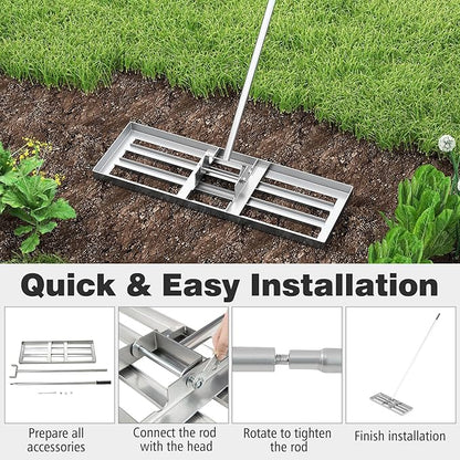 30" x 10" Lawn Leveling Rake, Heavy Duty Landscape Rake with 67" Handle, Non-Slip Grip & Flat Head, Space-Saving Lawn Level Tool for Garden, Backyard, Golf Course & Sports Field(Silver)