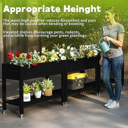 Raised Garden Bed with Legs, 33.66" Tall Self-Watering Resin Planter Box with Lockable Wheels Drainage Plug and Gauge for Vegetables, Flowers, Storage Shelf for Tools and Accessories (Black)