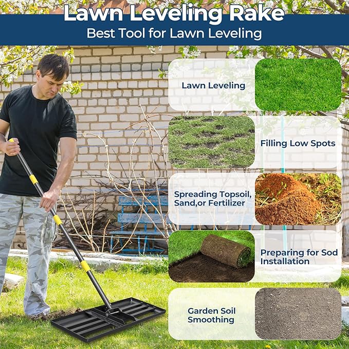 Lawn Leveling Rake 30"x10" for Lawn Care - 60in Extendable Stainless Steel Handle with Ergonomic Grip | Professional Grass Leveling Tool for Golf Courses, Soccer Fields, Backyard Turf Maintenance