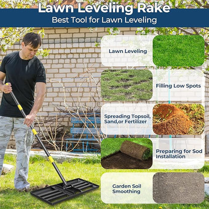 Lawn Leveling Rake 30"x10" for Lawn Care - 60in Extendable Stainless Steel Handle with Ergonomic Grip | Professional Grass Leveling Tool for Golf Courses, Soccer Fields, Backyard Turf Maintenance