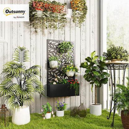 Outsunny Metal Raised Garden Bed with Trellis for Climbing Plants, Freestanding or Wall Mounted Flower Bed with Privacy Panel, Leaves Cut-Outs Outdoor Planter Box for Garden, Patio, Balcony